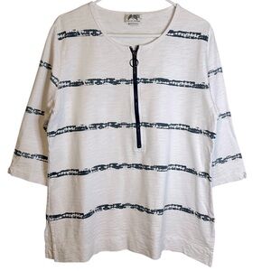 Wild Palms 100% Cotton Half Zip White Blue Striped Top Sweatshirt Large Nautical